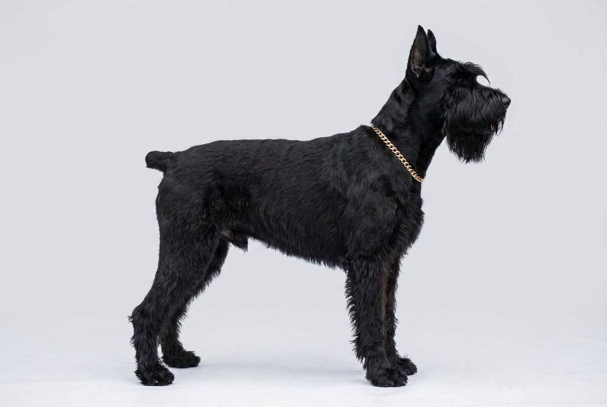 Louis, a black Giant Schnauzer with a gold chain